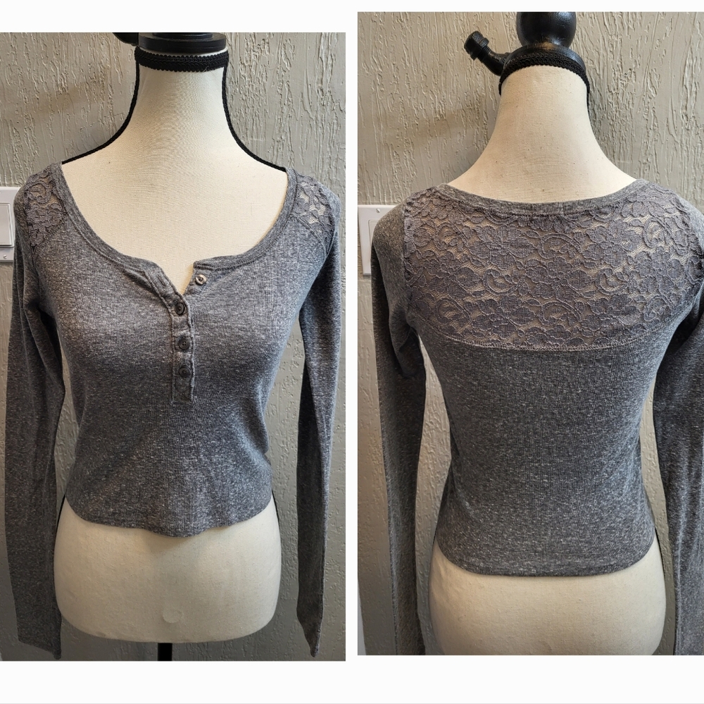Hollister Long Sleeve Crop Tee with Lace and Button Details